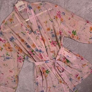 Victoria's Secret Women Robe O/S Pink Floral Sheer Chiffon Kimono Short Belted